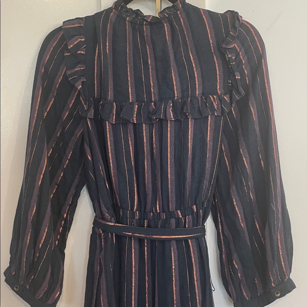 Anthropologie Midnight Ruffled Collared Midi Dress Navy Blue Metallic SZ Medium - Picture 8 of 10